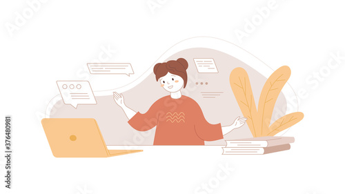 Online learning concept. Happy girl talking on video with the teacher. Distance education using laptop. Remote communication. Web calling, chat with skype, zoom tutor. Home work place. Vector picture