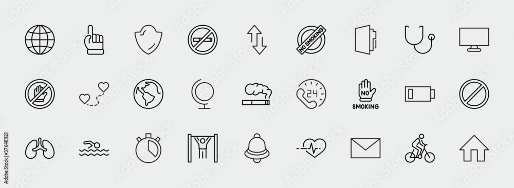 International No Tobacco Day Set Line Vector Icons. Contains such Icons as Lungs, Cigars, Cigarettes, Smoking, Globe, smoking Cessation and more. Editable Stroke 32x32 Pixels International No Tobacco Day Set Line Vector Icons. Contains such Icons as Lungs, Cigars, Cigarettes, Smoking, Globe, smoking Cessation and more. Editable Stroke 32x32 Pixels
