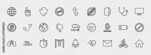 International No Tobacco Day Set Line Vector Icons. Contains such Icons as Lungs, Cigars, Cigarettes, Smoking, Globe, smoking Cessation and more. Editable Stroke 32x32 Pixels