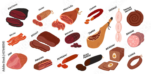Meat Delicatessen set. Sausages and meat deli delicatessen from all over the world
