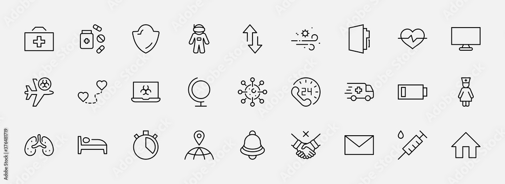 Set of Coronavirus Protection Vector Line Icon. Contains such Icons as Ambulance, Novel CoronaVirus, Protective Measures, Symptoms, Incubation Period and more. 32x32 Pixels. Editable Stroke Set of Coronavirus Protection Vector Line Icon. Contains such Icons as Ambulance, Novel CoronaVirus, Protective Measures, Symptoms, Incubation Period and more. 32x32 Pixels. Editable Stroke