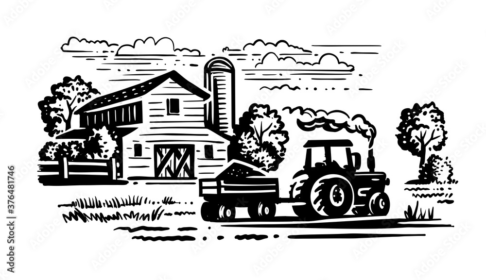 farm with trees and tractor harvesting hay 