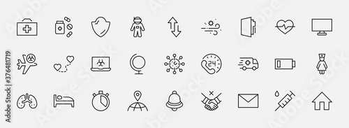 Set of Coronavirus Protection Vector Line Icon. Contains such Icons as Ambulance, Novel CoronaVirus, Protective Measures, Symptoms, Incubation Period and more. 32x32 Pixels. Editable Stroke