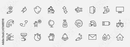 Set of Washing Hands Vector Line Icons. Contains such Icons as Coronavirus, Contactless Water Tap, Antiseptic, Washing Instruction, Hand Dryer, Soap and more. Editable Stroke. 32x32 Pixels.