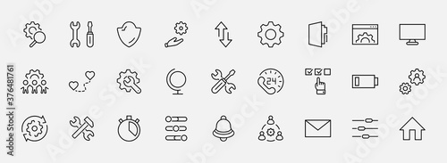 Set of Settings and Setup Vector Line Icons. Contains such Icons as Gear, Setting, Control, Iinstall, Options, Service, and more. Editable Stroke. 32x32 Pixels.