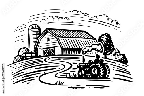 farm with trees and tractor harvesting hay 