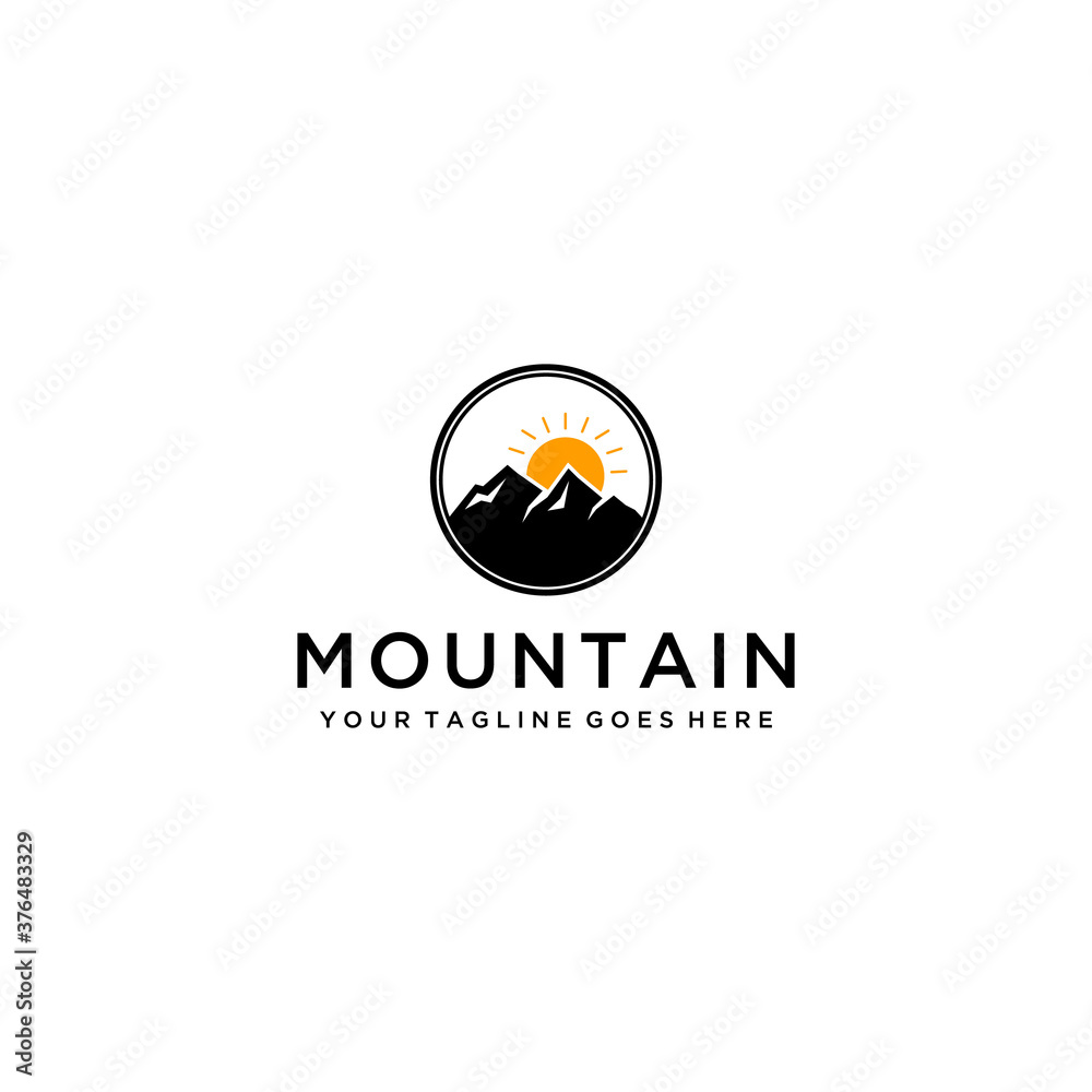 The illustration of Minimalist Landscape Hills Mountain Peaks vintage Vector logo design.