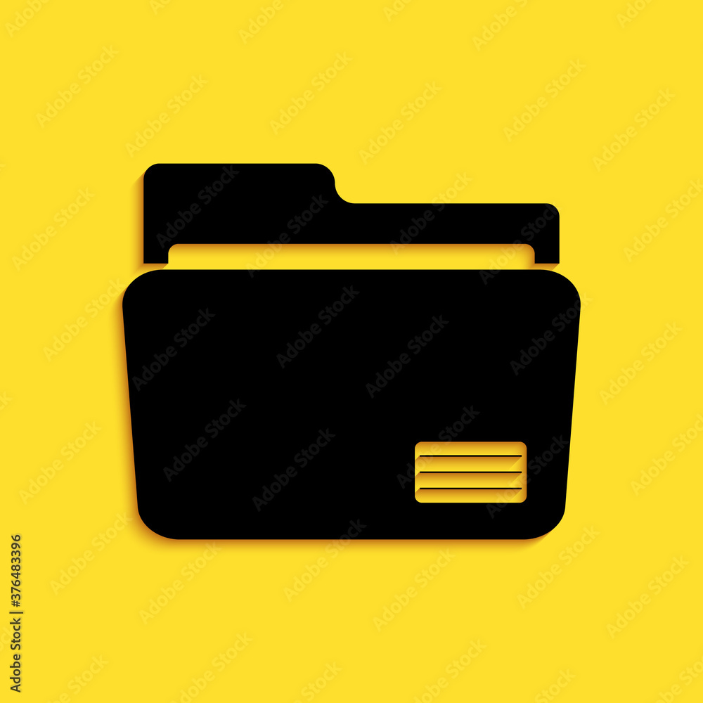 Black Document folder icon isolated on yellow background. Accounting binder symbol. Bookkeeping management. Long shadow style. Vector. Black Document folder icon isolated on yellow background. Accounting binder symbol. Bookkeeping management. Long shadow style. Vector.