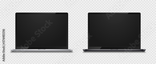 Realistic frameless laptops screen. Laptop computer monitor at transparent background. Device mockup set for infographics or presentation in silver and dark grey with shadow. Vector.