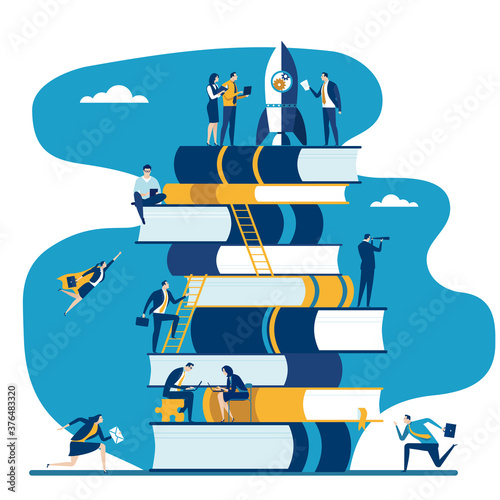 Startup and teamwork concept. The business team creates a startup project on a large stack of books - metaphoric expression of wisdom and science. Business vector illustration.