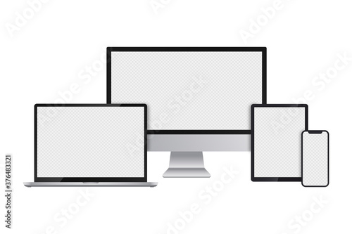 Realistic set of computer monitor, laptop, tablet and smartphone with transparent screens for infographics or presentation. Device collection mockup, electronic gadgets in silver color. Vector