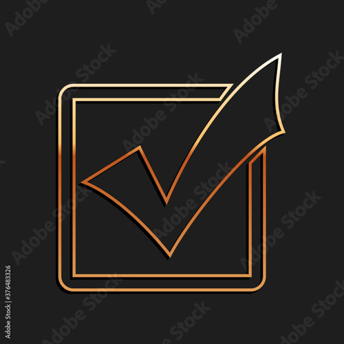 Gold Check mark in a box line icon isolated on black background. Tick symbol. Check list button sign. Long shadow style. Vector.