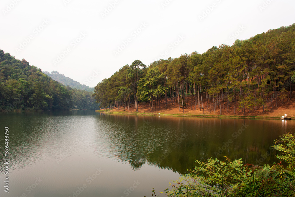 View landscape of Pang Ung lake in Pang Oung forest park or Switzerland of Thailand in authentic Chinese village Ban Rak Thai in Mae Hong Son, Thailand