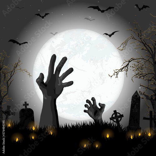 Halloween zombie hands in front of full moon