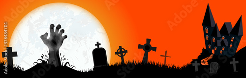 Halloween castle and zombie hand in front of full moon