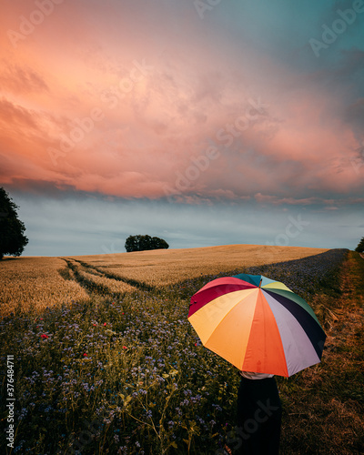 Rear view of woman with umbrella standing in field