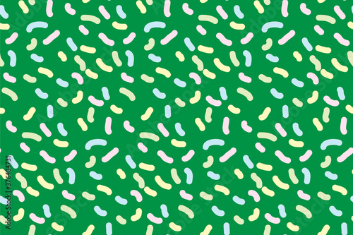 Seamless pattern with colorful sticks. Print for textile, gift wrapping paper, cards, web and design. Celebration style. Christmas presents, confetti. Green background with color elements