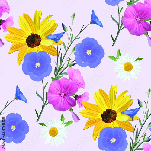 Flowers of sunflower, white Daisy flower, pink Petunia, flax flowers and inflorescences on a gray background. Floral seamless pattern, EPS 10 vector