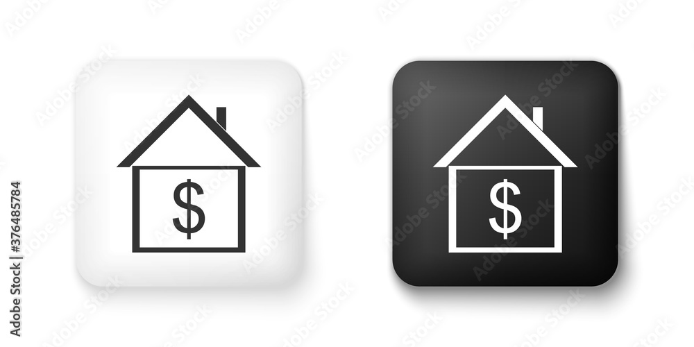 Black and white House with dollar icon isolated on white background. Home and money. Real estate concept. Square button. Vector.