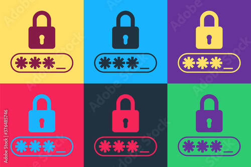 Pop art Password protection and safety access icon isolated on color background. Lock icon. Security, safety, protection, privacy concept. Vector.