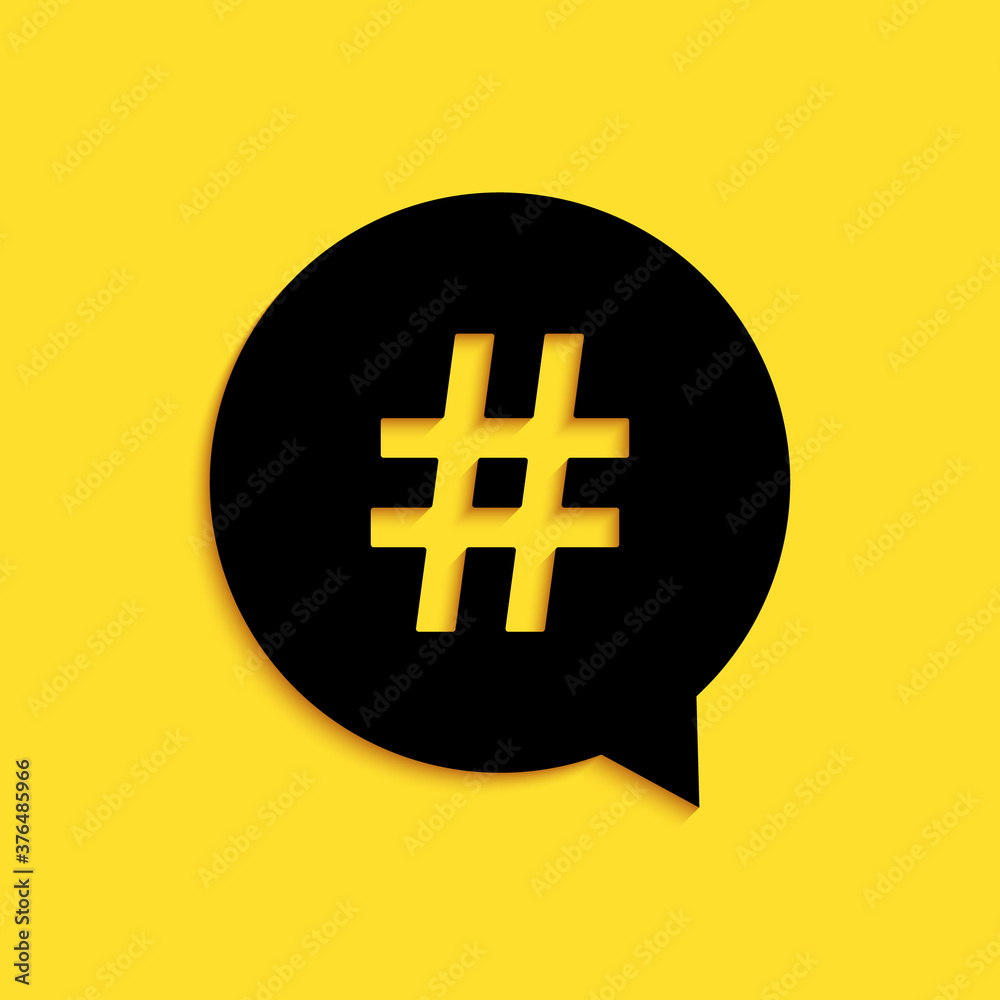 Obraz premium Black Hashtag in circle icon isolated on yellow background. Social media symbol, concept of number sign, social media, micro blogging pr popularity. Long shadow style. Vector.