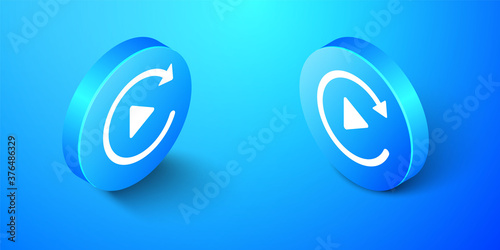 Isometric Video play button like simple replay icon isolated on blue background. Blue circle button. Vector.