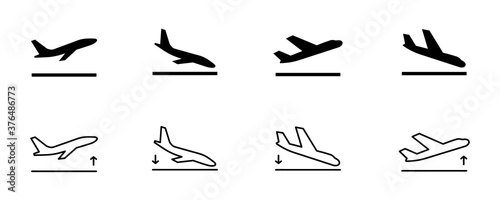 Arrivals and departure plane signs. Airport Sign. Simple icons  airplane landing and takeoff. Airport icons set  departures  arrivals. Vector illustration Aircraft or Airplane