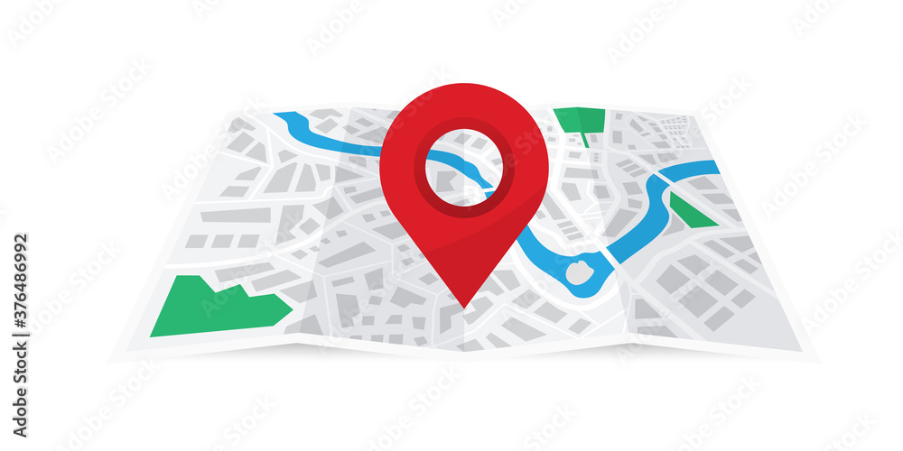 Folded paper city map with red pin. Map with navigation, geolocation. Finding the way concept. World map with point marker. Map Navigation. City map with GPS navigator - obrazy, fototapety, plakaty 