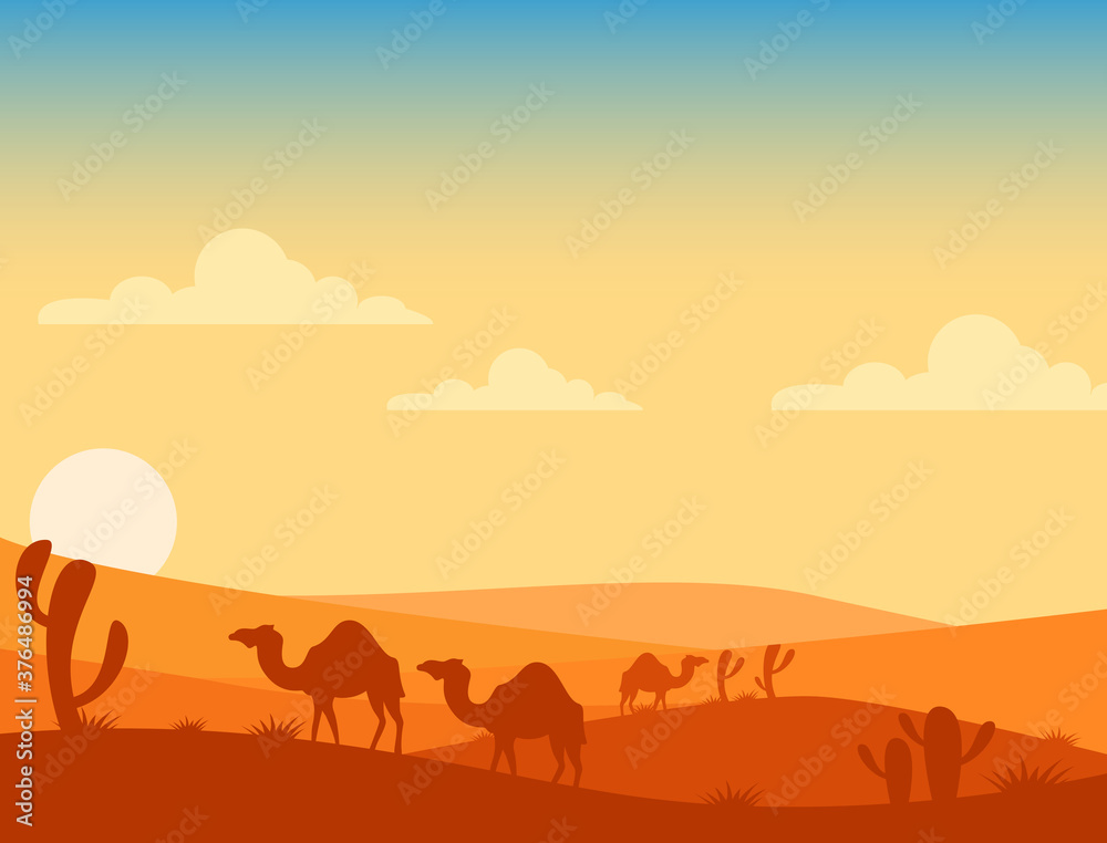 Expanse of the desert and camels as mount animals of the desert Expanse of the desert and camels as mount animals of the desert