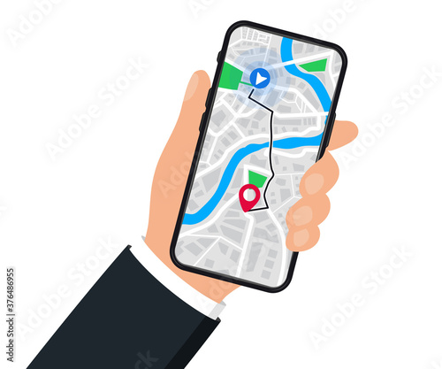Hand with mobile phone with digital navigation. Map with point, GPS navigation. Mobile GPS Navigation app on touch screen smartphone for web sites, banners. World Map