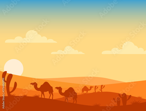 Expanse of the desert and camels as mount animals of the desert