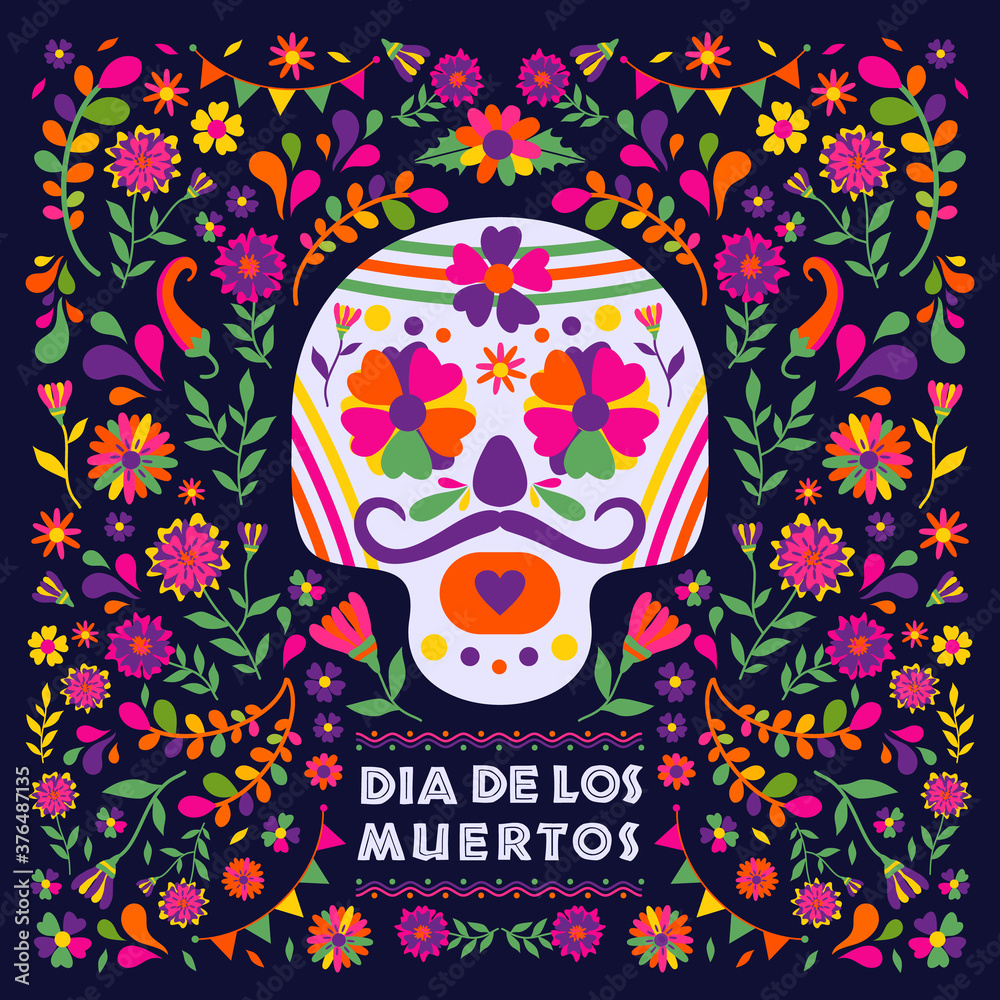Dias de los Muertos typography banner vector. Mexico design for fiesta  cards or party invitation, poster. Flowers traditional mexican frame with  floral letters on dark background. Feast of death. Stock Vector |