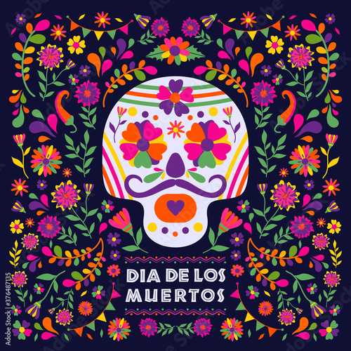 Dias de los Muertos typography banner vector. Mexico design for fiesta cards or party invitation, poster. Flowers traditional mexican frame with floral letters on dark background. Feast of death.
