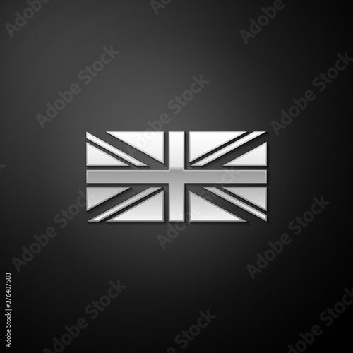 Silver Flag of Great Britain icon isolated on black background. UK flag sign. Official United Kingdom flag sign. British symbol. Long shadow style. Vector.
