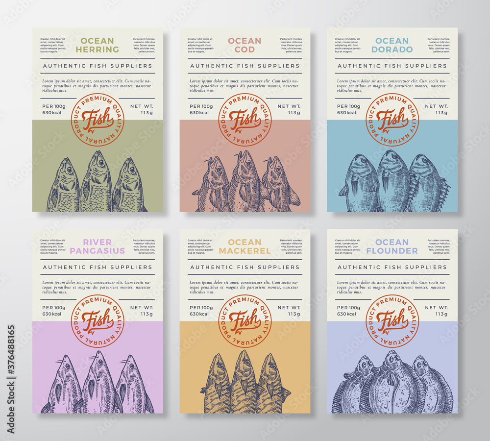 Seafood Abstract Vector Packaging Design or Labels Set. Modern ...