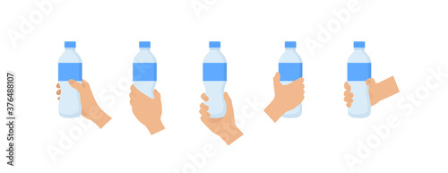 Hand holding bottle of water. Hands with bottle. Vector