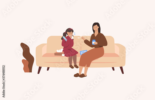 Sick daughter with her worried mother meashuring temperature.Flu, fever, illness. Vector