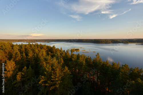 view from the tower, beautiful lake in evening