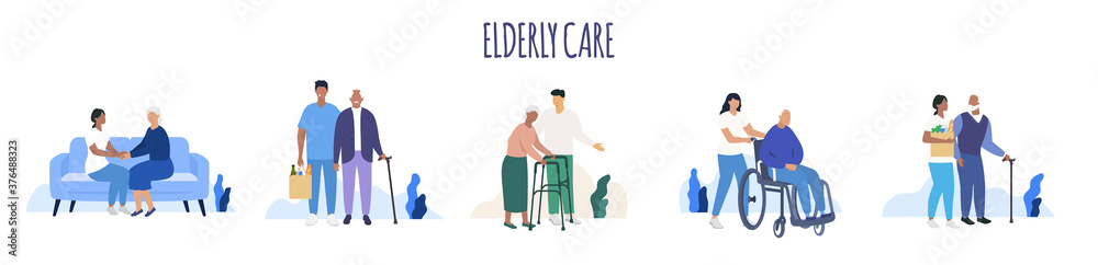Elderly care. Old people. Aged seniors nurse care. Seniors. Vector