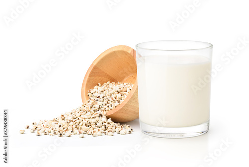 Glass of Job's tears ( Adlay millet) cereal beverage with seeds isolated on white background