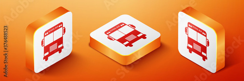 Isometric School Bus icon isolated on orange background. Orange square button. Vector.