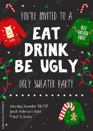 Ugly sweater party poster template. Christmas party invitation. Vector