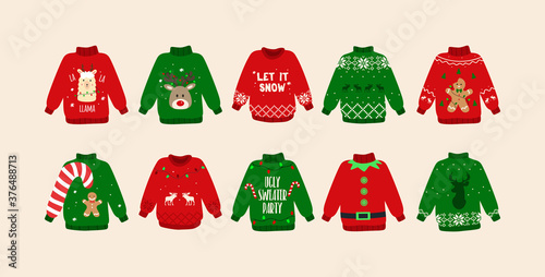 Christmas Ugly sweaters set. Cute sweater doodles. Isolated. Vector photo