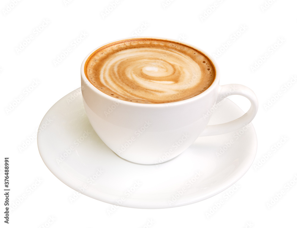 Fototapeta Gorąca kawa latte art pianka w kształcie spirali, cappuccino na białym tle, ścieżka przycinająca