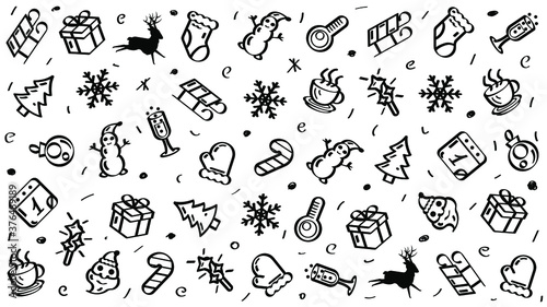 Abstract Doodle Elements Hand Drawn Collection Winter Sketch Vector Design Style Background Snowflake Snowman Santa Glove Christmas Toy Tree Illustration Cartoon Icons