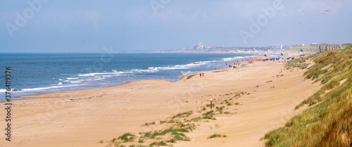 Coastal protection by sand dunes along the North Sea coast at Wassenaar; in the background the skyline of Katwijk and Noordwijk , Netherlands