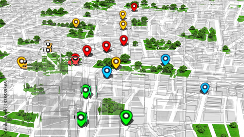 Geotargeting, Map GPS Localization. Pin Navigation Icons on the City Map. 3D Illustration. photo