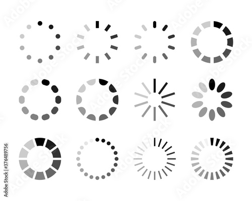 Loading and downloading icon collection. Different shape loading circles. Website icons. Modern preloader set
