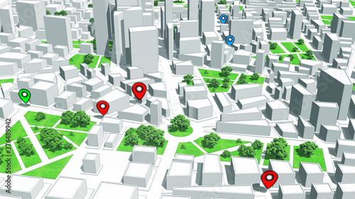 Geotargeting, Map GPS Localization. Pin Navigation Icons on the City Map. 3D Illustration. photo