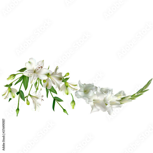 Flowers. White lilies. Gladiolus. Floral pattern. Vector illustration. Floral background.